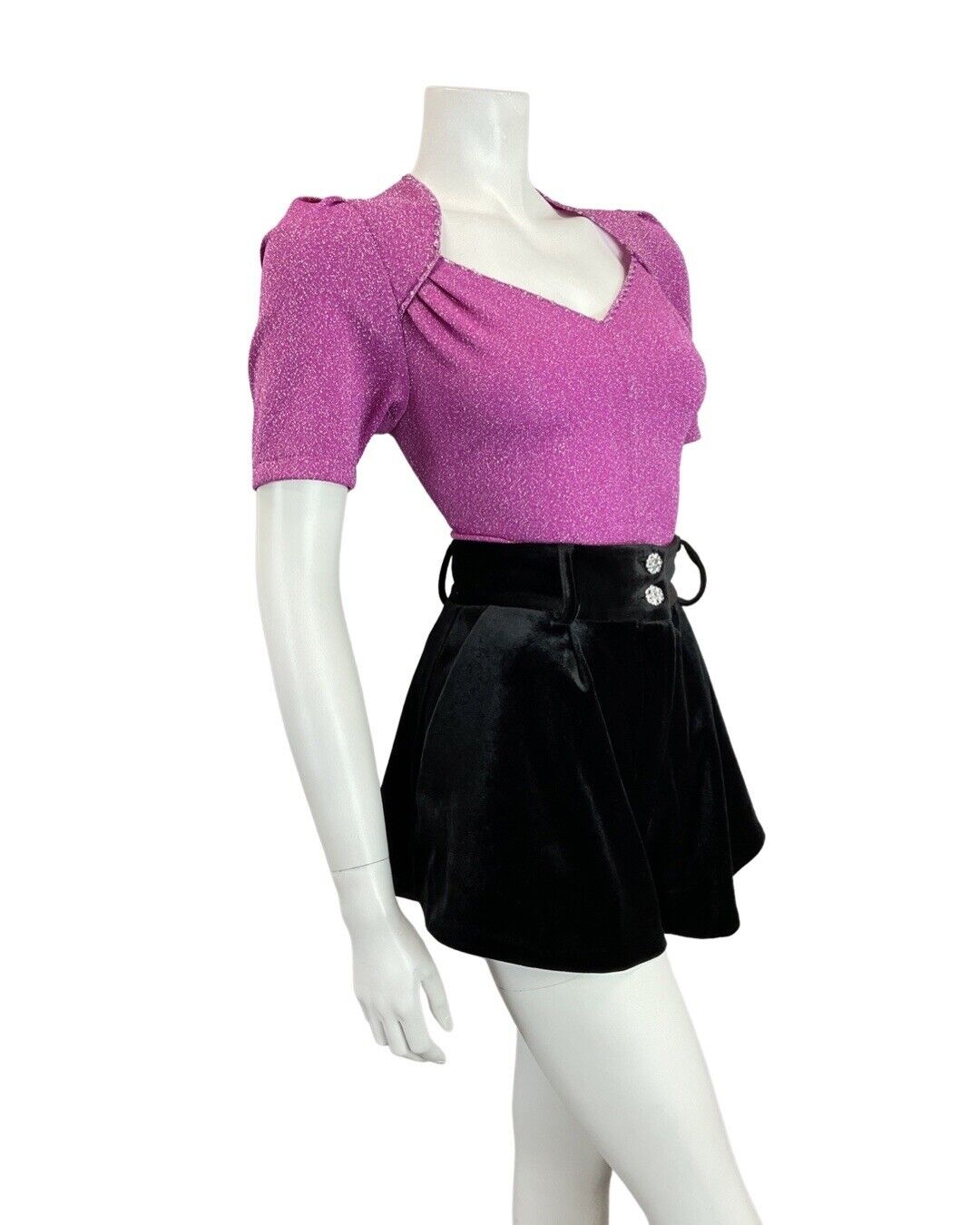 VINTAGE 60s 70s FUCHSIA PINK SILVER PARTY PEPLUM LUREX SWEETHEART BLOUSE 8 10