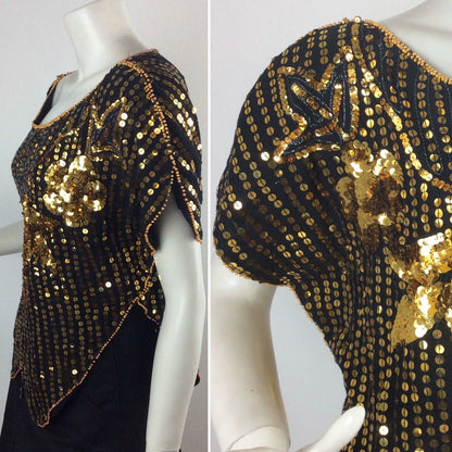 VINTAGE 1970’S BUTTERFLY TOP,BLACK, GOLD SEQUINS, BEADS, DISCO EVENING 8 10