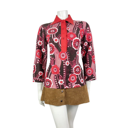 VINTAGE 60s 70s PINK RED BROWN FLORAL PSYCHEDELIC MOD DAGGER COLLAR BLOUSE 12 14