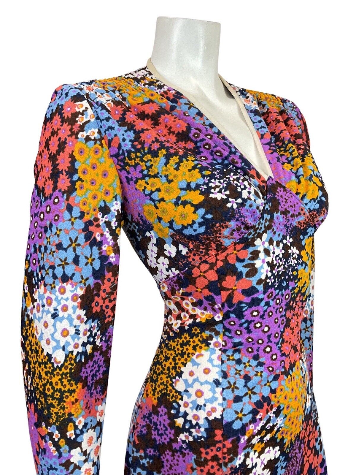 VINTAGE 60s 70s BLUE PURPLE PINK PSYCHEDELIC FLORAL DITSY FITTED DRESS 10 12