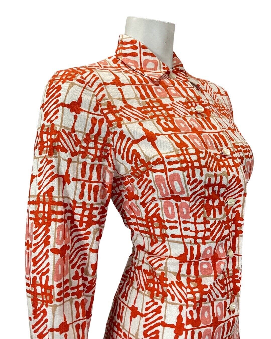 VINTAGE 60s 70s ORANGE PINK WHITE GEOMETRIC CHECKED DAGGER SHIRT DRESS 10