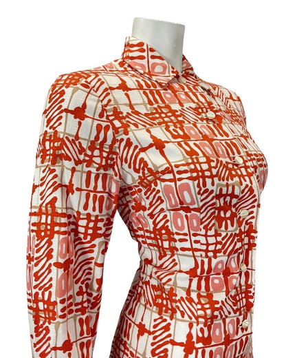 VINTAGE 60s 70s ORANGE PINK WHITE GEOMETRIC CHECKED DAGGER SHIRT DRESS 10