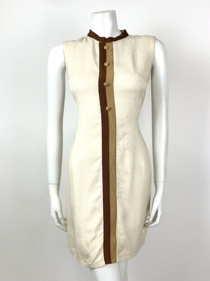 VINTAGE 60s 70s CREAM BROWN STRIPED MOD SLEEVELESS SHIFT DRESS 10