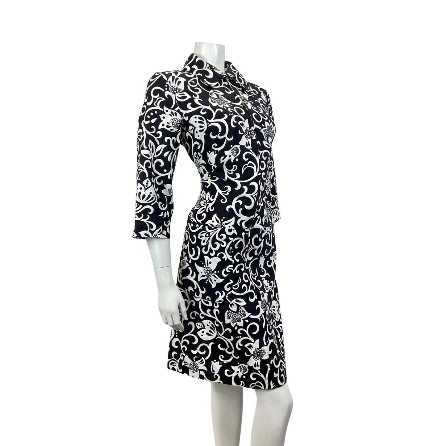 VINTAGE 60s 70s BLACK WHITE PSYCHEDELIC FLORAL SWIRL VINE MOD SHIRT DRESS 12 14