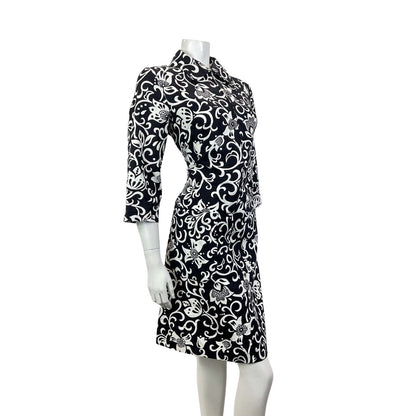 VINTAGE 60s 70s BLACK WHITE PSYCHEDELIC FLORAL SWIRL VINE MOD SHIRT DRESS 12 14