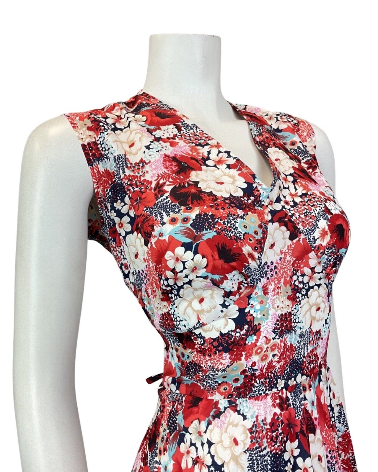VINTAGE 60s 70s RED BLUE WHITE FLORAL DITSY SLEEVELESS SUMMER SWING DRESS 14