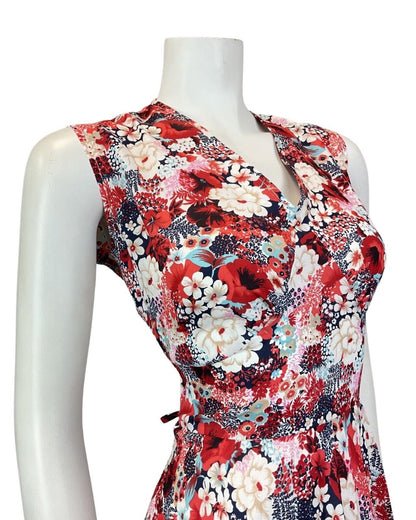 VINTAGE 60s 70s RED BLUE WHITE FLORAL DITSY SLEEVELESS SUMMER SWING DRESS 14