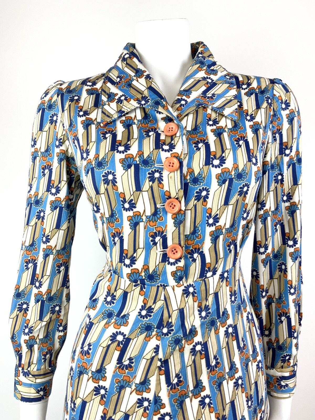 VINTAGE 60s 70s BLUE WHITE ORANGE GEOMETRIC DAISY FLOWER MOD SHIRT DRESS 12