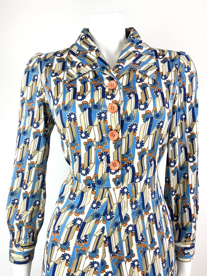VINTAGE 60s 70s BLUE WHITE ORANGE GEOMETRIC DAISY FLOWER MOD SHIRT DRESS 12
