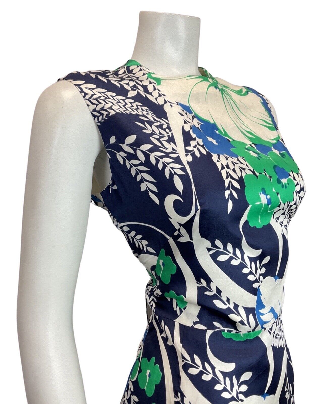 VINTAGE 60s 70s BLUE GREEN WHITE FLORAL VINE LEAFY SLEEVELESS DRESS 12