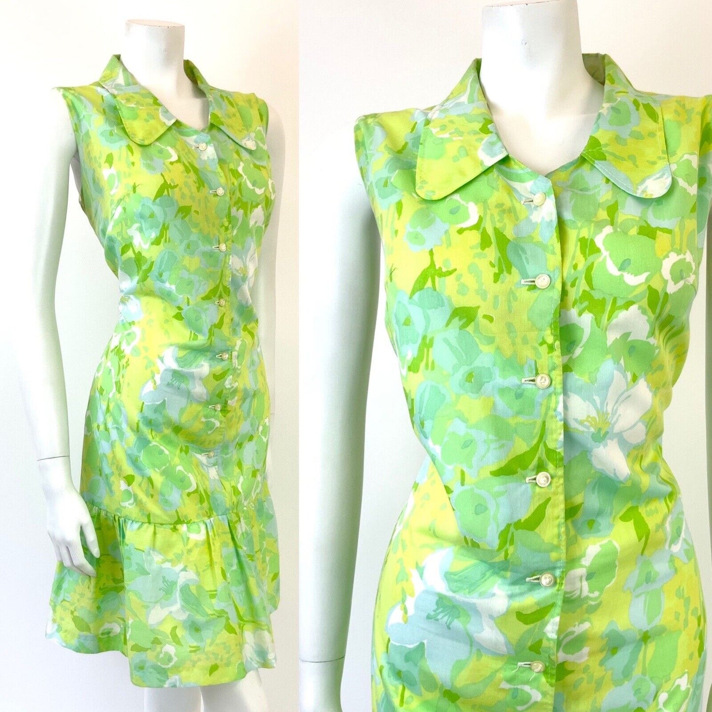 VTG 60s 70s GREEN BLUE YELLOW PSYCHEDELIC FLORAL SPOON COLLAR MOD DRESS 14 16