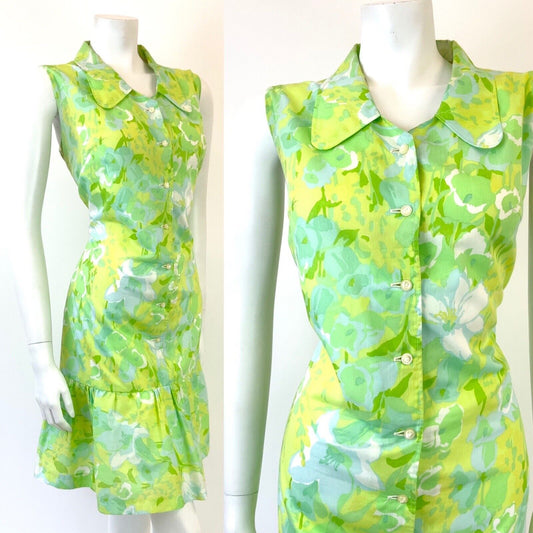 VTG 60s 70s GREEN BLUE YELLOW PSYCHEDELIC FLORAL SPOON COLLAR MOD DRESS 14 16
