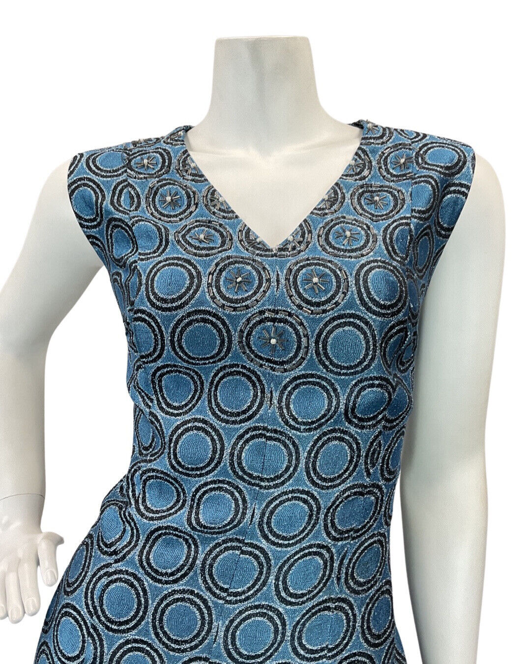 VINTAGE 60s 70s BLUE BLACK SILVER GEOMETRIC LUREX GLITTER MAXI GOWN DRESS 14 16