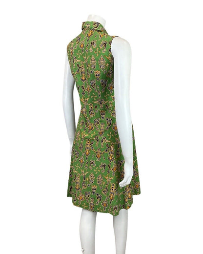 VINTAGE 60s 70s GREEN BLACK GOLD ABSTRACT FLORAL MOD DAGGER SHIRT DRESS 8 10