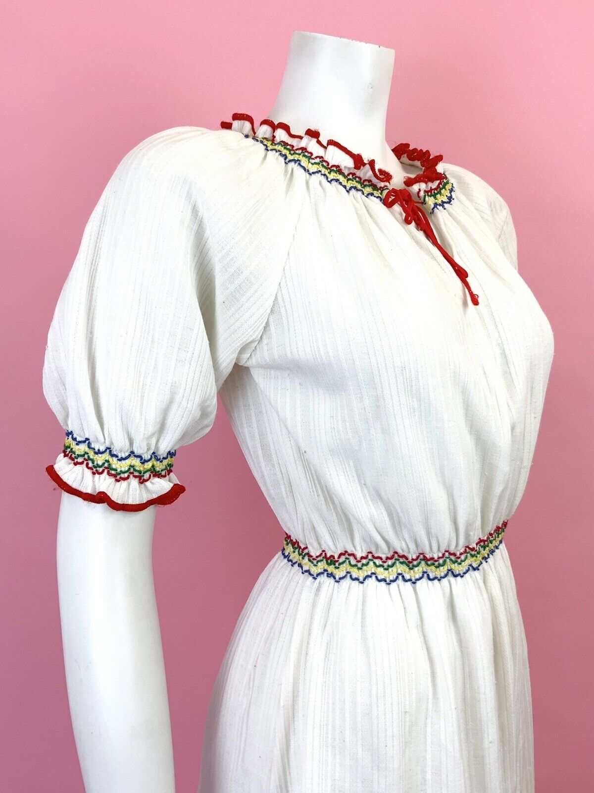 VINTAGE 60s 70s WHITE RED BLUE GREEN RUFFLE PRAIRIE BOHO DRESS 8 10
