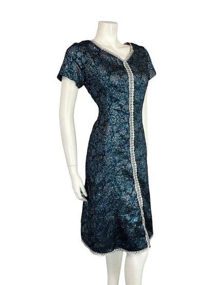 VTG 60S BLUE BLACK SILVER LUREX METALLIC BROCADE TRIM PARTY MIDI DRESS 10 12