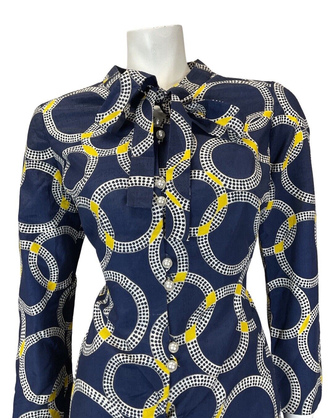VINTAGE 60s 70s BLACK WHITE YELLOW CIRCLE GEOMETRIC MOD BOW SHORT DRESS 14 16