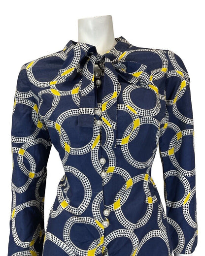 VINTAGE 60s 70s BLACK WHITE YELLOW CIRCLE GEOMETRIC MOD BOW SHORT DRESS 14 16