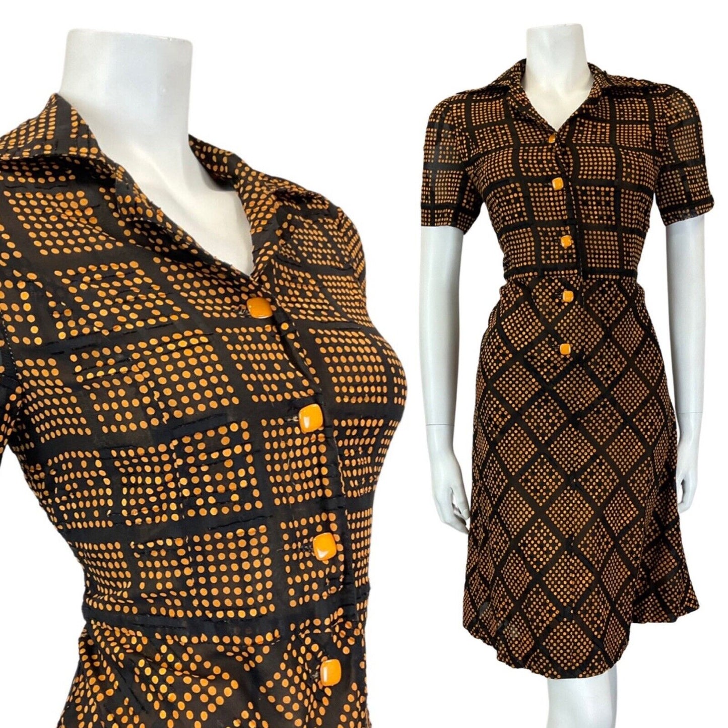 VINTAGE 60s 90s BLACK ORANGE DOTTY GRID CHECKED DAGGER COLLAR MOD SHIRT DRESS 10
