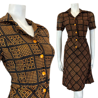 VINTAGE 60s 90s BLACK ORANGE DOTTY GRID CHECKED DAGGER COLLAR MOD SHIRT DRESS 10