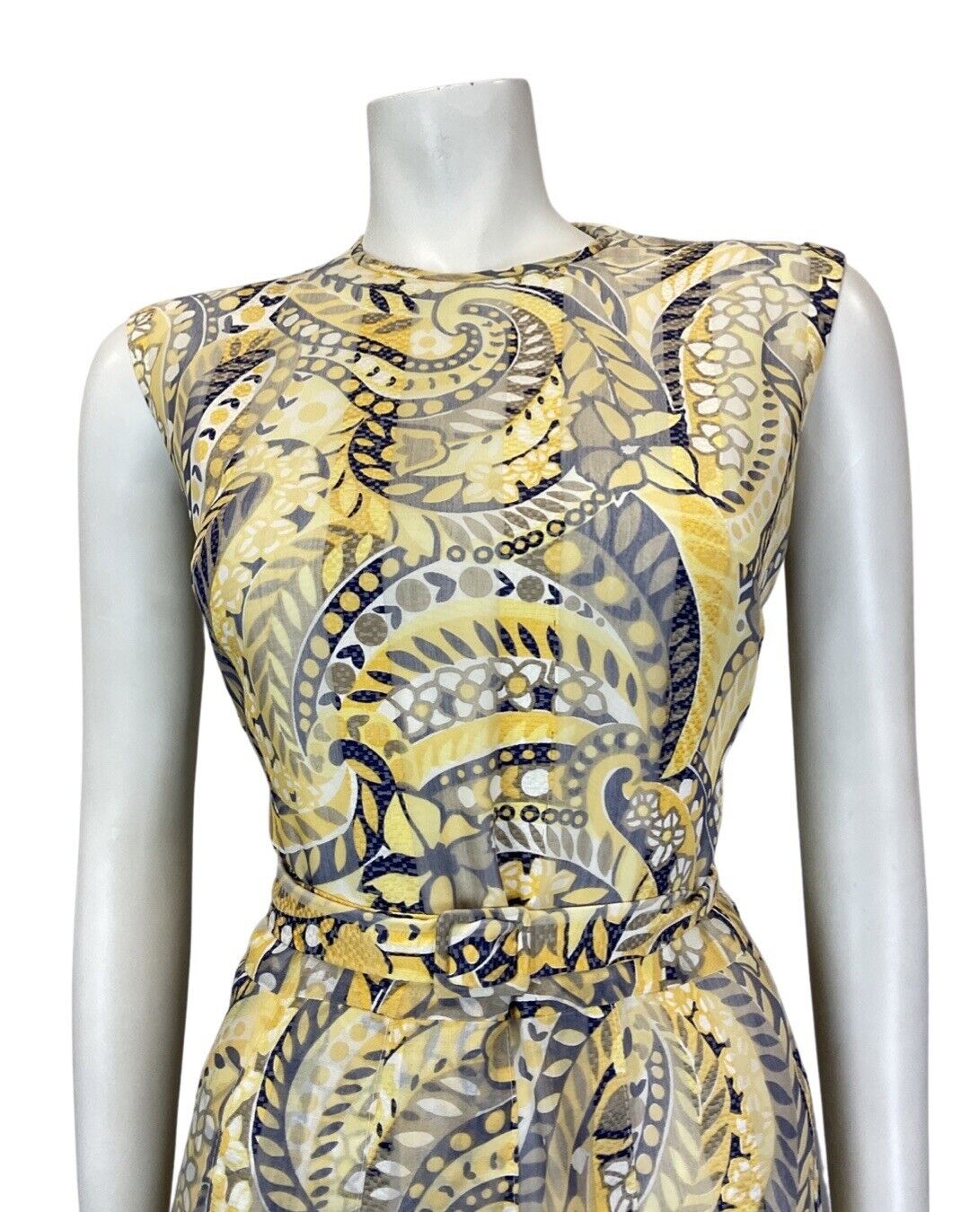 VINTAGE 60s 70s YELLOW BLUE PSYCHEDELIC PAISLEY FLOWER MOD SLEEVELESS DRESS 14