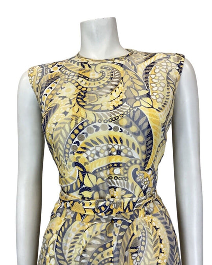 VINTAGE 60s 70s YELLOW BLUE PSYCHEDELIC PAISLEY FLOWER MOD SLEEVELESS DRESS 14