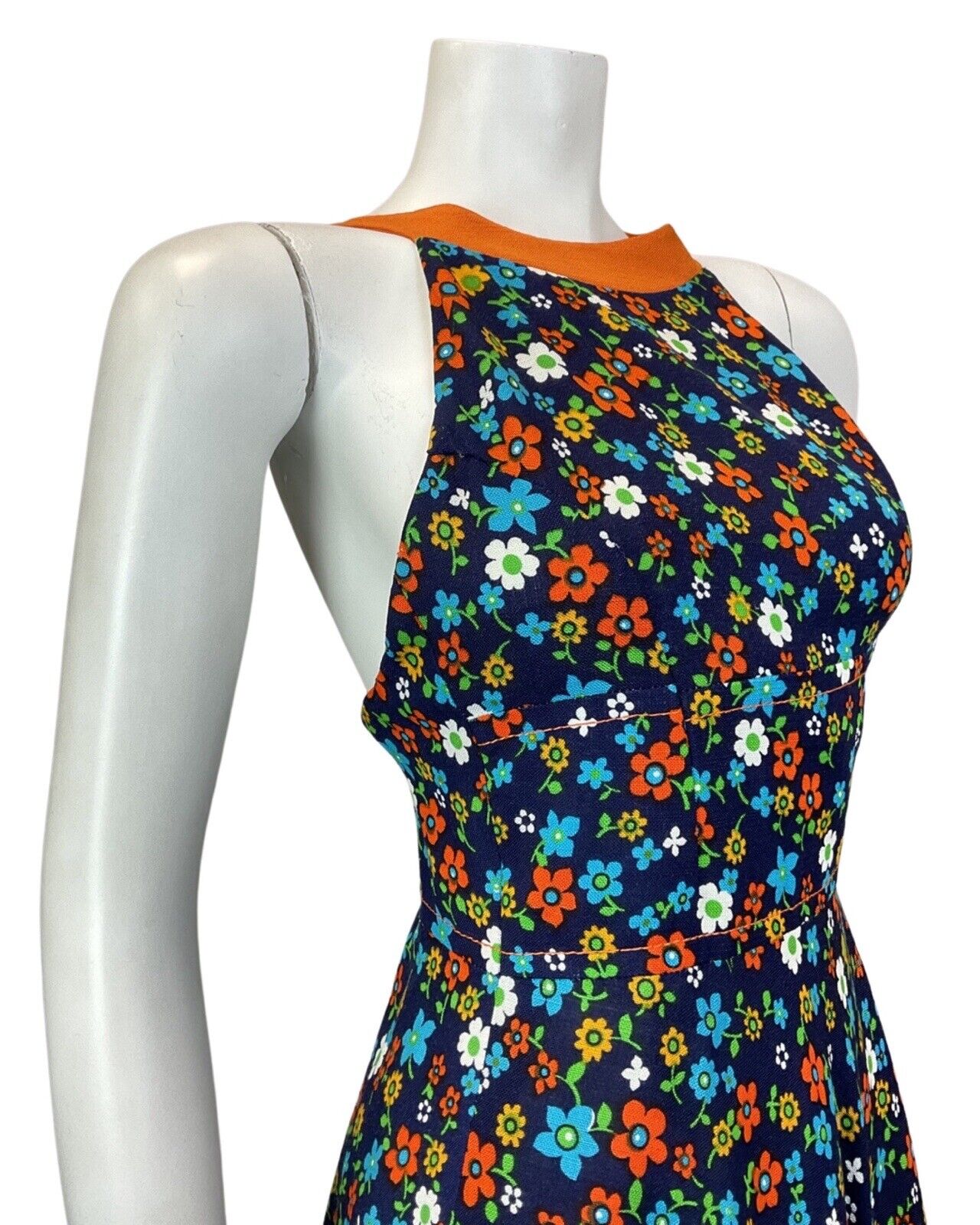 VINTAGE 60s BLUE ORANGE GREEN FLORAL DAISY DITSY MOD HALTER SUMMER DRESS 4 6