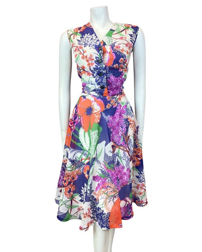 VINTAGE 60s 70s PURPLE GREEN RED FLORAL SLEEVELESS FLOATY SWING DRESS 10 12