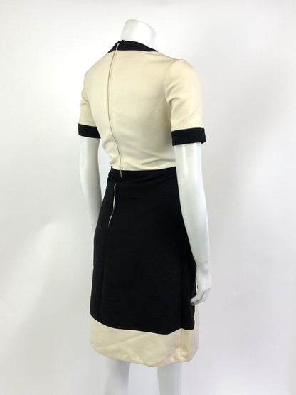 VINTAGE 60s LOUIS FERAUD CREAM BLACK BOW MOD WOOL SHORT DRESS 8 10
