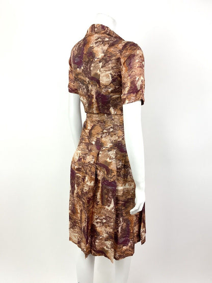 VINTAGE 60s 70s BROWN CREAM BURGUNDY ABSTRACT REVERS DAGGER SHIRT DRESS 10 12