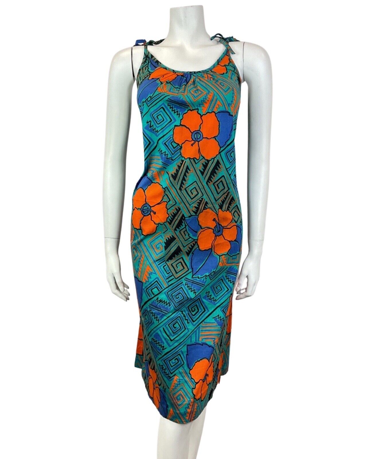VINTAGE 60s 70s GREEN BLUE ORANGE HAWAIIAN FLORAL GEOMETRIC SUN DRESS 10
