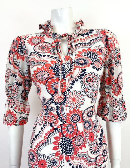 VINTAGE 60s 70s WHITE RED BLUE FLORAL MANDALA PSYCHEDELIC MOD RUFFLE DRESS 12 14