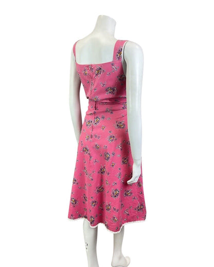 VINTAGE 70s PINK WHITE BLACK FLORAL BOUQUET LACE DITSY SUMMER SUN-DRESS 12 14