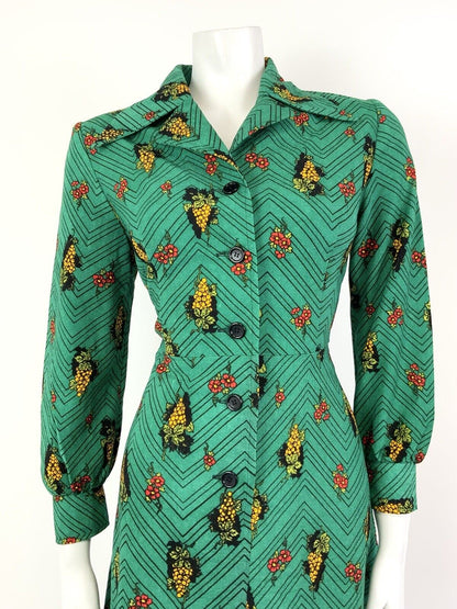 VTG 60s 70s GREEN BLACK YELLOW ZIG-ZAG GRAPES FLORAL DAGGER SHIRT DRESS 12 14