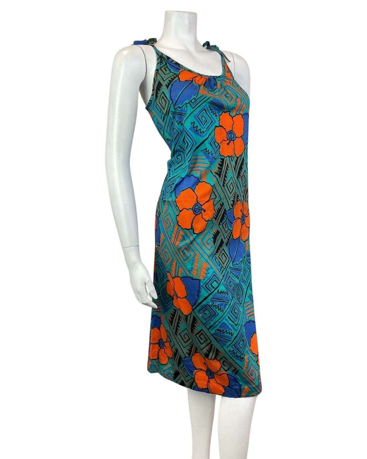 VINTAGE 60s 70s GREEN BLUE ORANGE HAWAIIAN FLORAL GEOMETRIC SUN DRESS 10