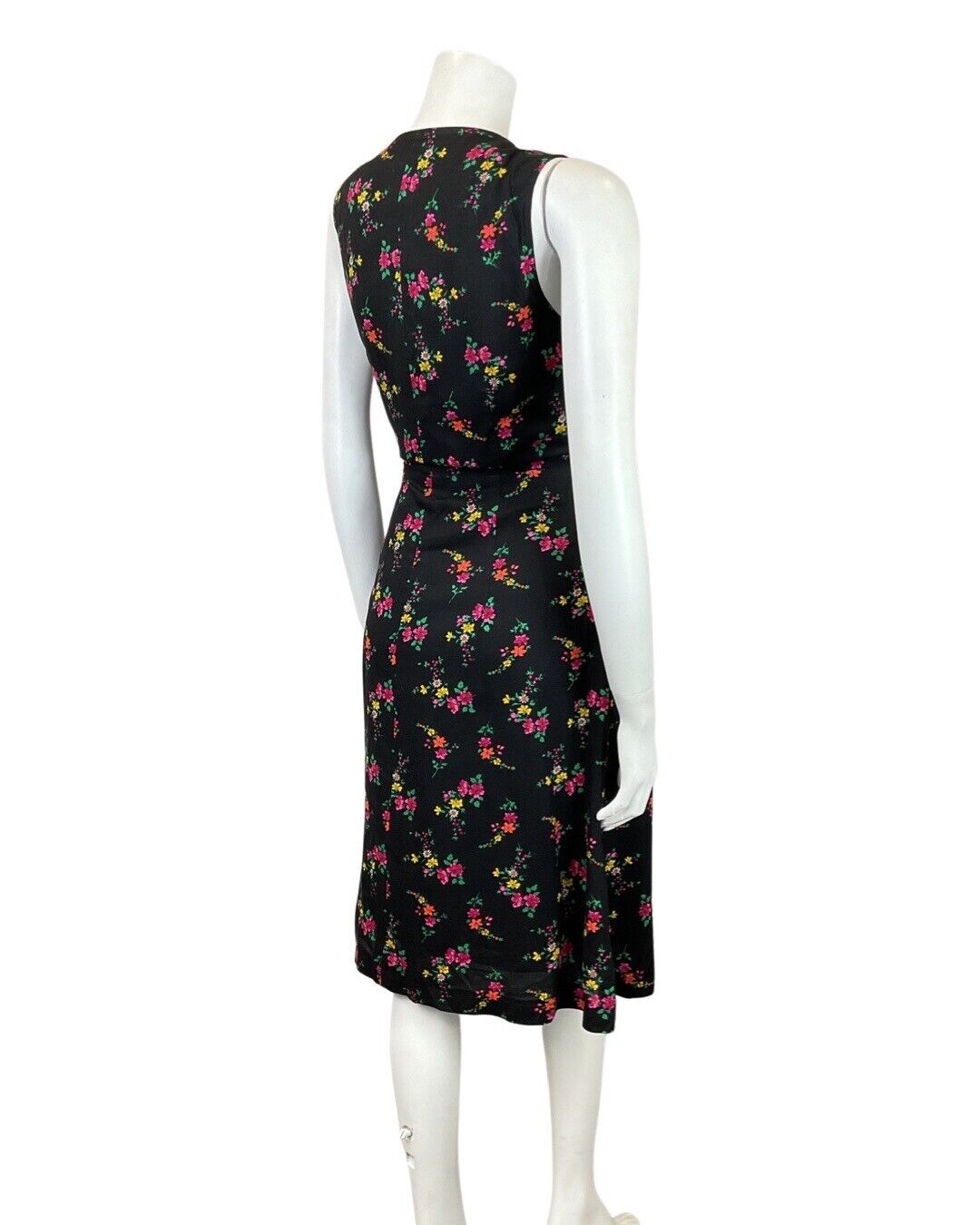 VINTAGE 60s 70s BLACK PINK GREEN DITSY FLORAL SLEEVELESS SUMMER DRESS 10