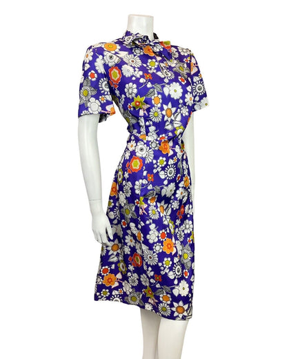 VINTAGE 60s 70s PURPLE WHITE ORANGE FLORAL DAISY PUSSYBOW MOD DRESS 14