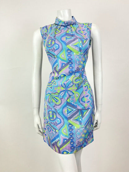 VINTAGE 60s 70s BLUE PURPLE GREEN PSYCHEDELIC GEOMETRIC MOD SHIFT DRESS 8 10