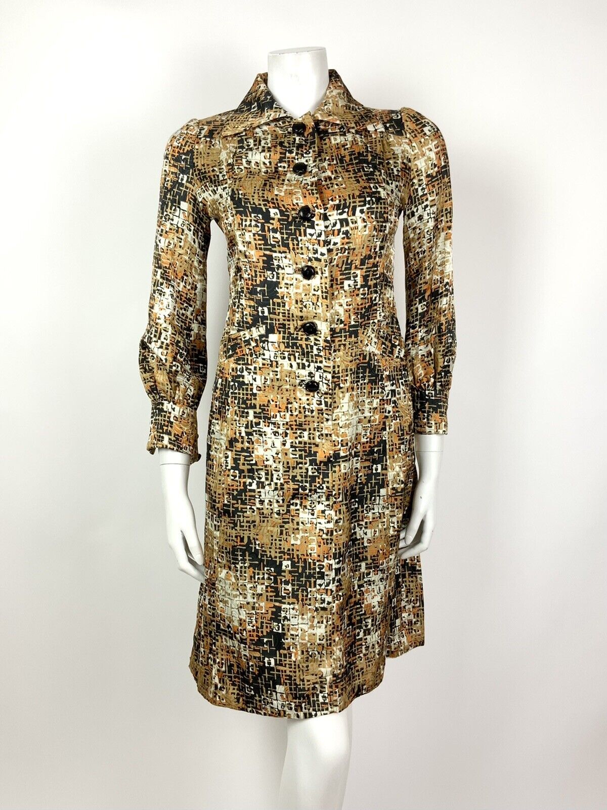 VINTAGE 60s 70s GOLD BLACK ORANGE WHITE CROSS-HATCH SWIRL DAGGER SHIRT DRESS 8