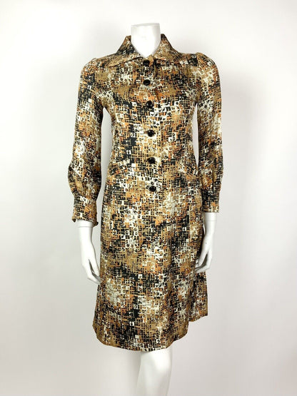 VINTAGE 60s 70s GOLD BLACK ORANGE WHITE CROSS-HATCH SWIRL DAGGER SHIRT DRESS 8