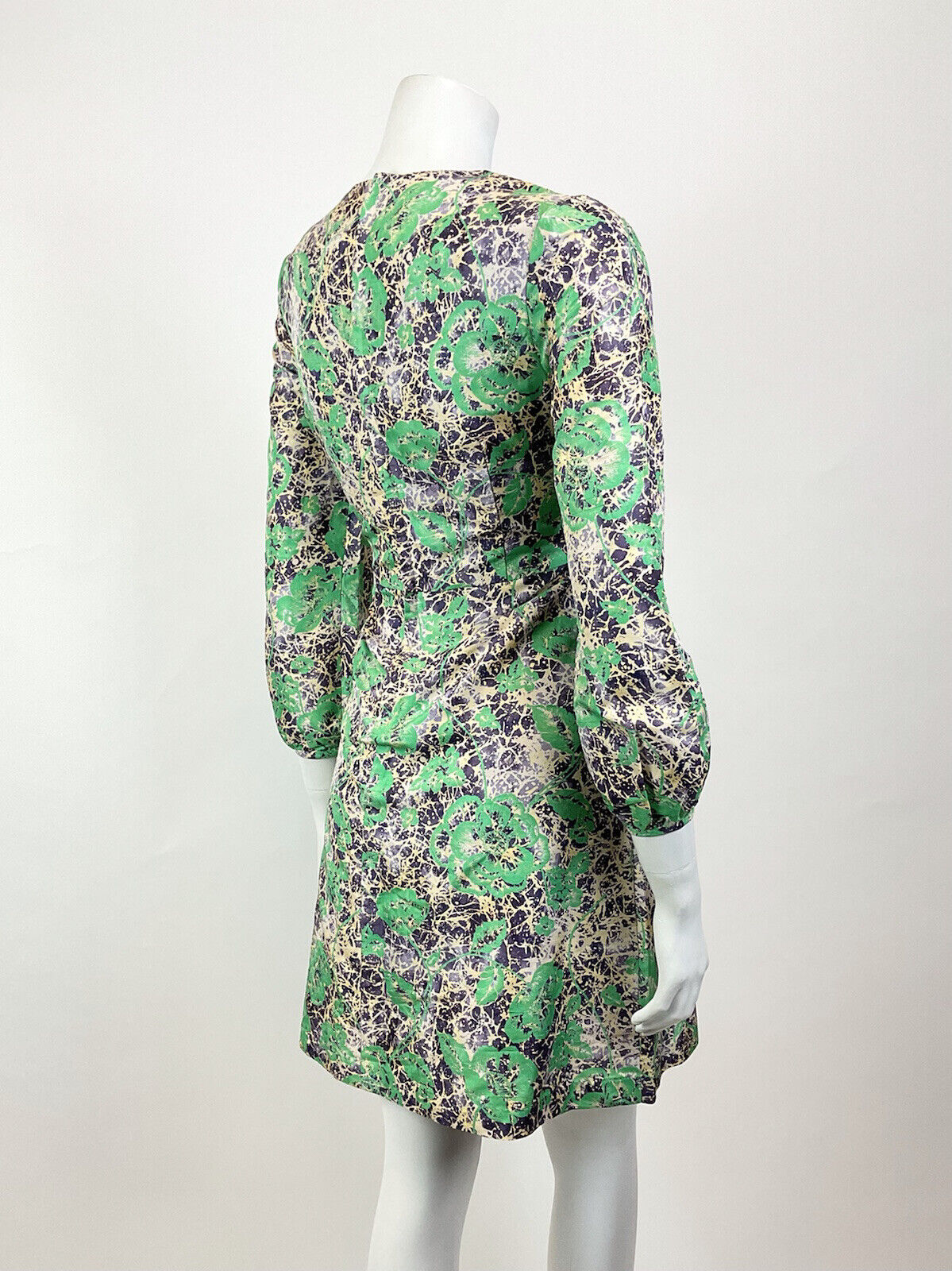 VINTAGE 60s STYLE 90s GREEN PURPLE CREAM PSYCHEDELIC FLORAL ROSE MOD DRESS 8 10