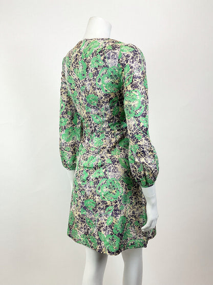 VINTAGE 60s STYLE 90s GREEN PURPLE CREAM PSYCHEDELIC FLORAL ROSE MOD DRESS 8 10