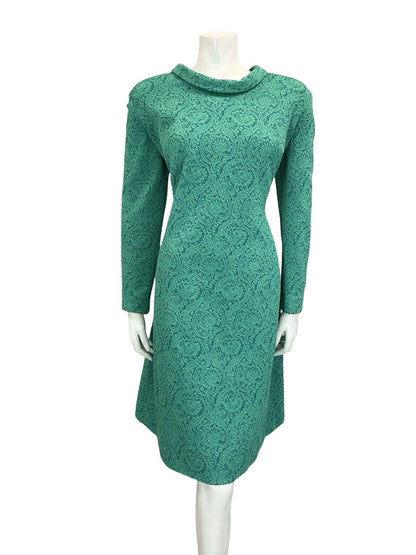 VTG 60S TEAL BLUE GREEN SPARKLY PAISLEY ROUNDED COLLAR PARTY MIDI DRESS 16