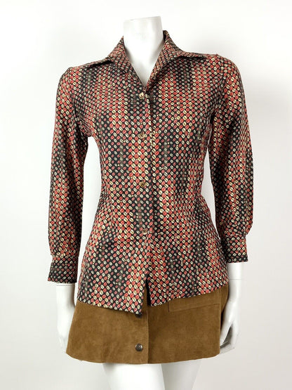 VINTAGE 60s 70s BLACK WHITE PINK RED COFFEE BEAN PSYCHEDELIC OP-ART SHIRT 10 12
