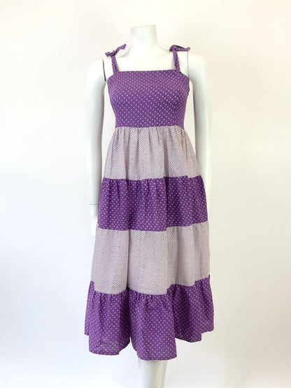 VINTAGE 60s 70s PURPLE WHITE POLKA-DOT TIERED STRAPPY BOHO TENT SUN DRESS 8 10