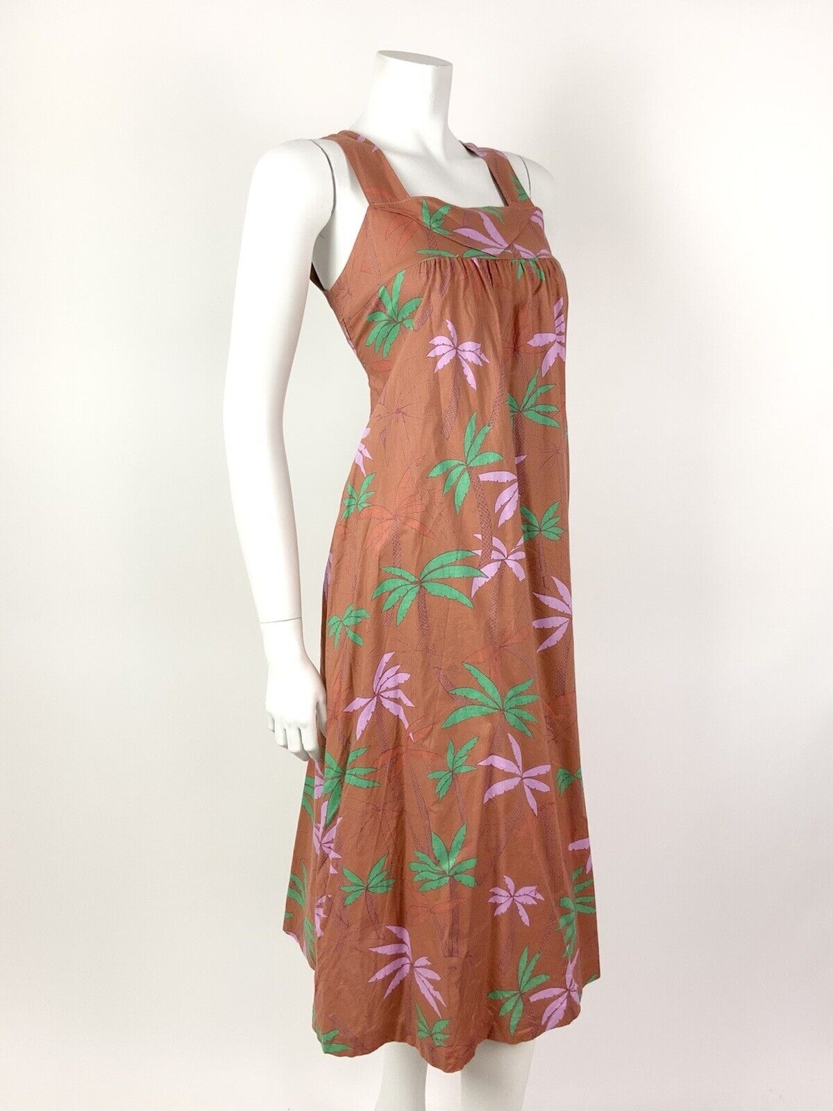 VINTAGE 70s 80s BROWN GREEN PINK PALM TREE LEAFY SLEEVELESS TENT DRESS 8