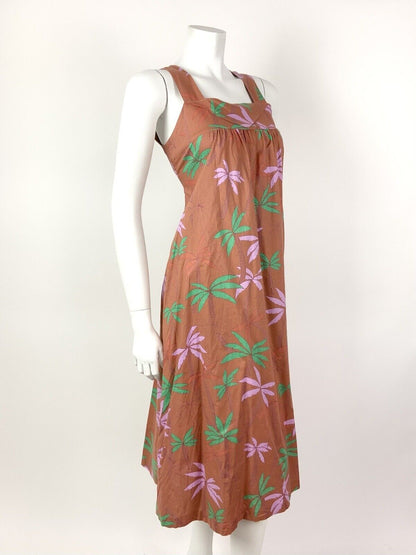 VINTAGE 70s 80s BROWN GREEN PINK PALM TREE LEAFY SLEEVELESS TENT DRESS 8