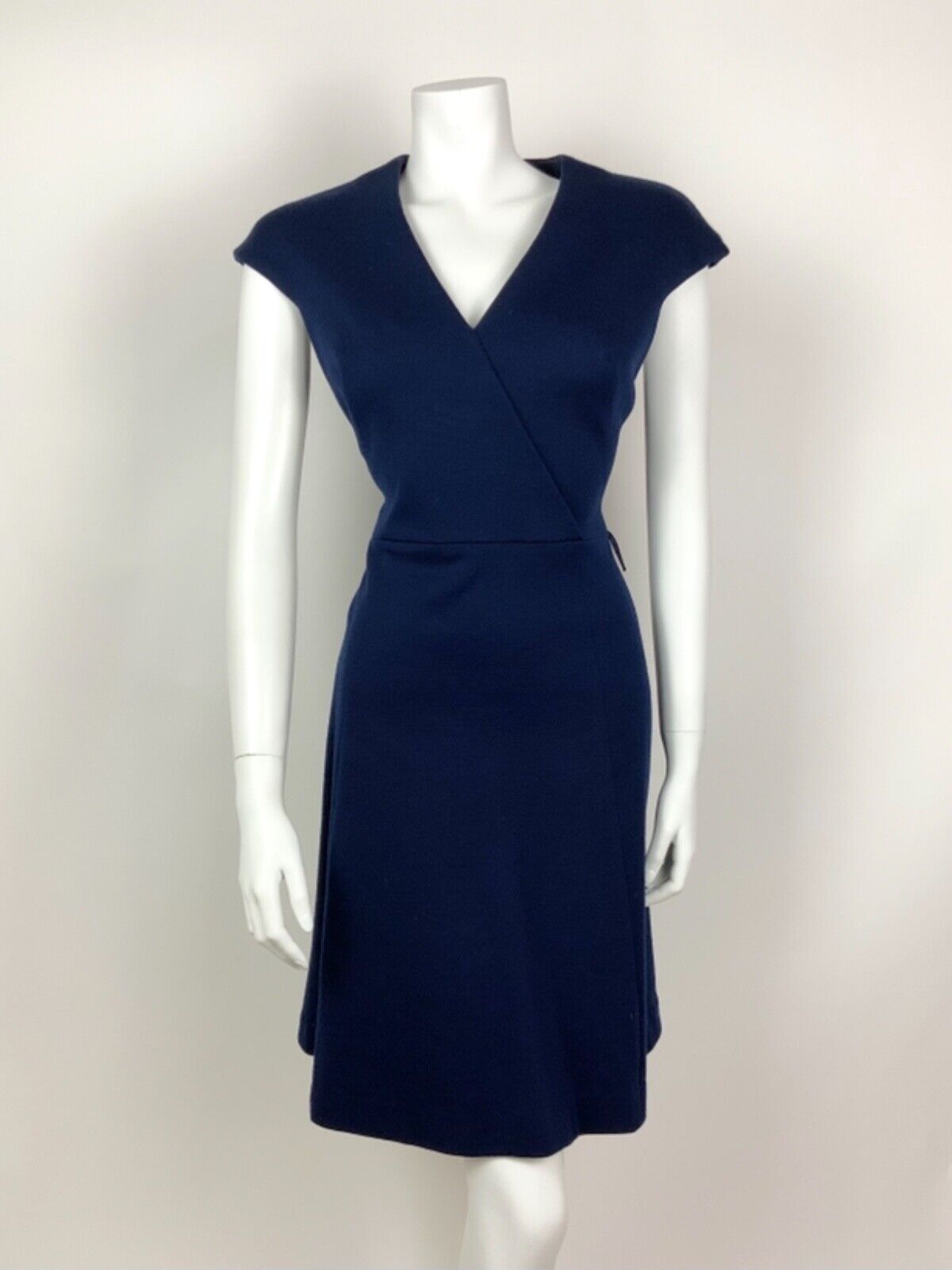 VINTAGE 60s 70s NAVY BLUE V-NECK CAPPED SLEEVE WOOL MOD DRESS 12