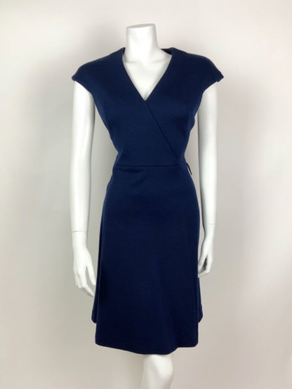 VINTAGE 60s 70s NAVY BLUE V-NECK CAPPED SLEEVE WOOL MOD DRESS 12