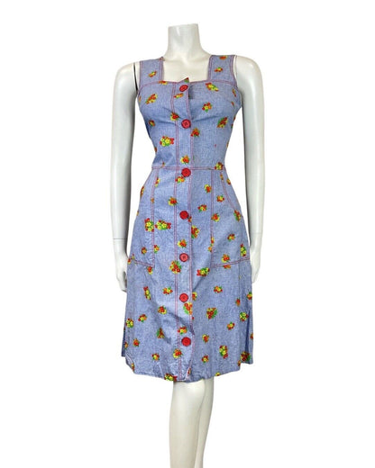 VINTAGE 60s 70s BLUE RED YELLOW FLOWER BOUQUET APRON PINAFORE DRESS 8